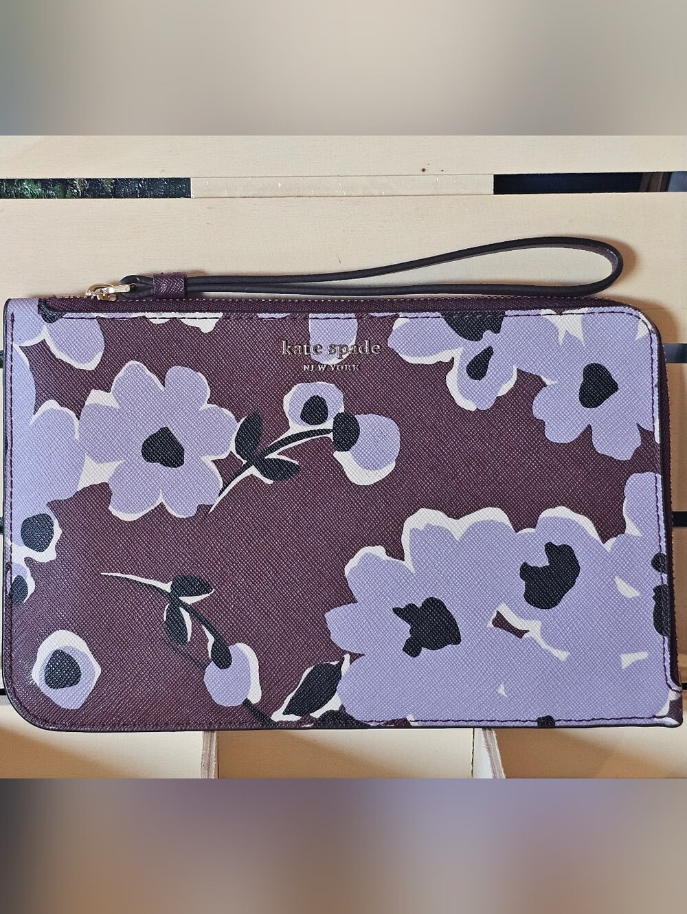 Kate Spade Medium L-zip Cameron Purple Wildflower Bouquet Wristlet